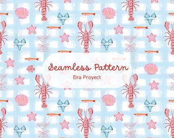 Blue Lobster Coastal Seamless Pattern | Coquette Beach Digital Paper, Gingham Nautical Fabric Design, Bachelorette Scrapbooking PNG