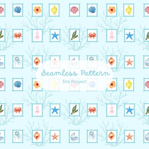 Puede incluir: Patrón sin costuras con criaturas marinas y flores en marcos de sellos postales, sobre un fondo azul claro con ramas de coral. El diseño incluye estrellas de mar, conchas y medusas. También se ve el texto "Seamless Pattern" y "Eira Proyect".