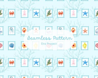 Ocean Stamp Seamless Pattern | Watercolor Sea Life Digital Paper, Coastal Nursery Fabric Design, Marine Animals Scrapbooking PNG