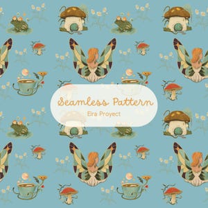 Puede incluir: Patrón sin costuras sobre un fondo azul claro con ilustraciones caprichosas de hadas, casas de hongos, ranas, tazas de té y setas. También está presente el texto "Seamless Pattern" y "Eira Proyect".