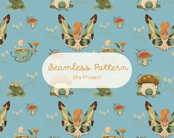 Sage Blue Fairy Seamless Pattern | Mushroom Cottage Digital Paper, Cottagecore Frog Fabric Design, Whimsical Forest Illustration PNG