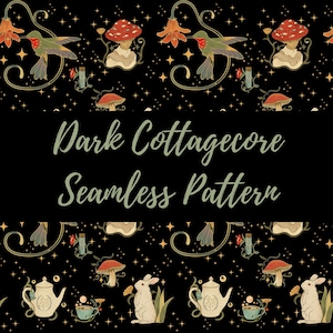 Dark Cottagecore Seamless Pattern, Mushroom Witch Digital Paper, Mystical Scrapbooking, Dark Academia Fabric Design, Goblincore PNG