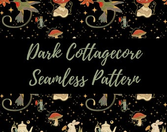 Dark Cottagecore Seamless Pattern, Mushroom Witch Digital Paper, Mystical Scrapbooking, Dark Academia Fabric Design, Goblincore PNG