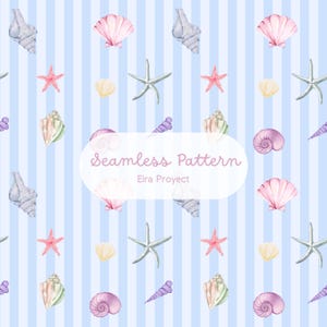 Puede incluir: Un patrón sin costuras con ilustraciones de acuarela de conchas marinas, estrellas de mar y caracolas en tonos rosa, gris, amarillo y morado, sobre un fondo a rayas azul claro. También está presente el texto "Seamless Pattern" y "Eira Proyect".