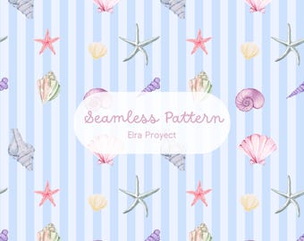 Watercolor Seashell Seamless Pattern for Fabric & Sublimation, Coastal Summer Design, Beach Digital Paper, Commercial Use