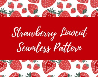 Strawberry Linocut Seamless Pattern, Block Print Fruit Digital Paper, Cottagecore Fabric Design, Summer Kitchen PNG Repeat