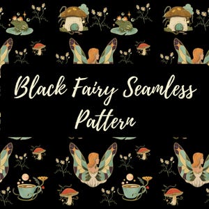 Dark Goblincore Fairy Seamless Pattern, Black Mushroom Cottage Digital Paper, Witchcore Frog Fabric Design, Mystical Forest PNG
