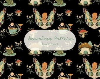 Dark Goblincore Fairy Seamless Pattern, Black Mushroom Cottage Digital Paper, Witchcore Frog Fabric Design, Mystical Forest PNG