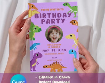 Purple Dinosaur Birthday Invitation Editable Canva, Kids Dino Photo Party Invite Printable, Girl T-Rex Birthday PNG