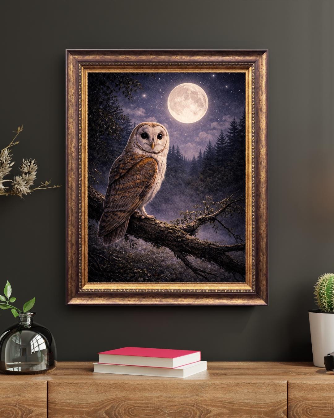 Moonlit Owl Wall Art Print, Owl Under Full Moon, Woodland Night Landscape, Enchanted Forest Decor, S