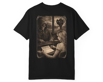 Grim Reaper Bank Teller Scene T-Shirt | Vintage Sepia Illustration