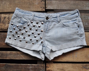 SALE! Reworked Checkered Studded Grey Gray Denim Cuffed Shorts 38-39" Hipsters UK 12