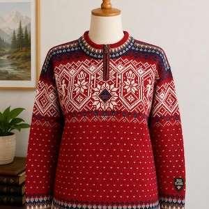 May include: A red long-sleeve sweater featuring a quarter-zip neckline and a white and navy blue geometric snowflake pattern across the chest and shoulders. The garment includes a small patch on the chest reading NORGE 2000 and a DALE CLASSIC label.