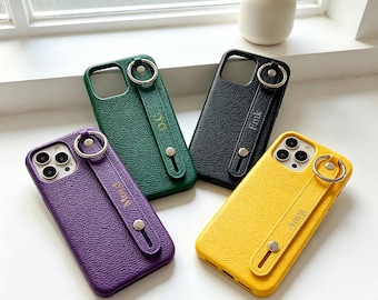 Personalized Lychee Pattern iPhone Case with Name | Wrist Strap Holder, Anti-Slip Protection