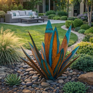 Sculpture de jardin en métal en agave, décoration de plante en fer moderne, oeuvre d'art dans la cour extérieure, grande pièce tendance