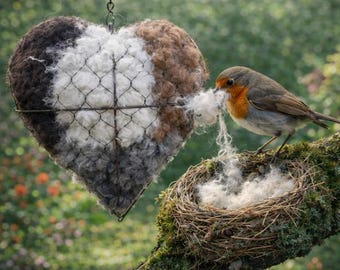 Soporte para nidos de pájaros con forma de corazón, comedero colgante para pájaros, material para nidos de fibra natural, accesorio de anidación, decoración recargable para jardines de vida silvestre.