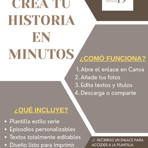 Op de afbeelding: Een Spaanse promotiegrafiek met de tekst "CREA TU HISTORIA EN MINUTOS" (Maak je verhaal in minuten). Het beschrijft hoe je een sjabloon kunt gebruiken, inclusief bewerkbare teksten en afdrukbare ontwerpen.