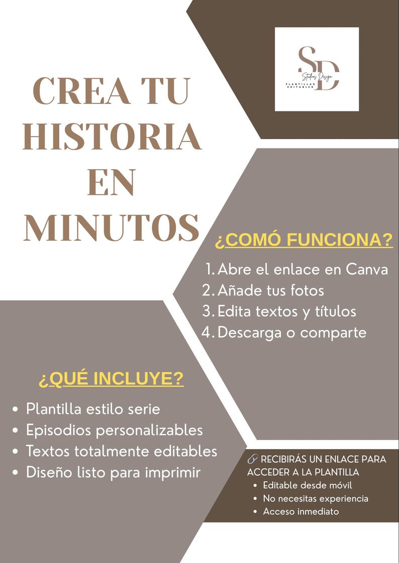 Op de afbeelding: Een Spaanse promotiegrafiek met de tekst "CREA TU HISTORIA EN MINUTOS" (Maak je verhaal in minuten). Het beschrijft hoe je een sjabloon kunt gebruiken, inclusief bewerkbare teksten en afdrukbare ontwerpen.