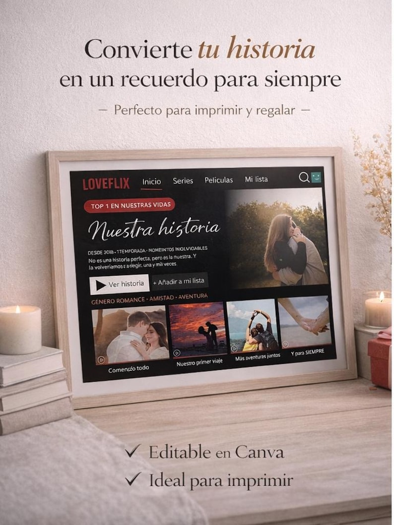 Op de afbeelding: Een ingelijste digitale print met de tekst "Convierte tu historia en un recuerdo para siempre." Het scherm toont een "LOVEFLIX" interface met de titel "Nuestra historia." De afbeelding bevat de tekst "Editable en Canva" en "Ideal para imprimir."