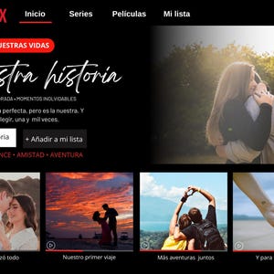 Op de afbeelding: Mobiele app-interface met de titel "Nuestra historia" en het logo "LOVEFLIX". De interface toont een foto van een knuffelend stel en andere afbeeldingen van stellen. Het genre van de app is romantiek, vriendschap en avontuur.