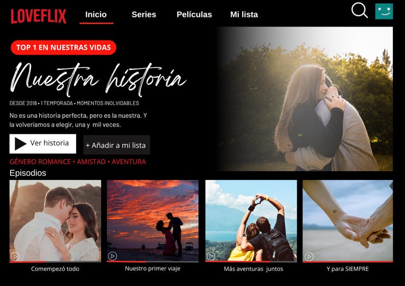 Op de afbeelding: Mobiele app-interface met de titel "Nuestra historia" en het logo "LOVEFLIX". De interface toont een foto van een knuffelend stel en andere afbeeldingen van stellen. Het genre van de app is romantiek, vriendschap en avontuur.