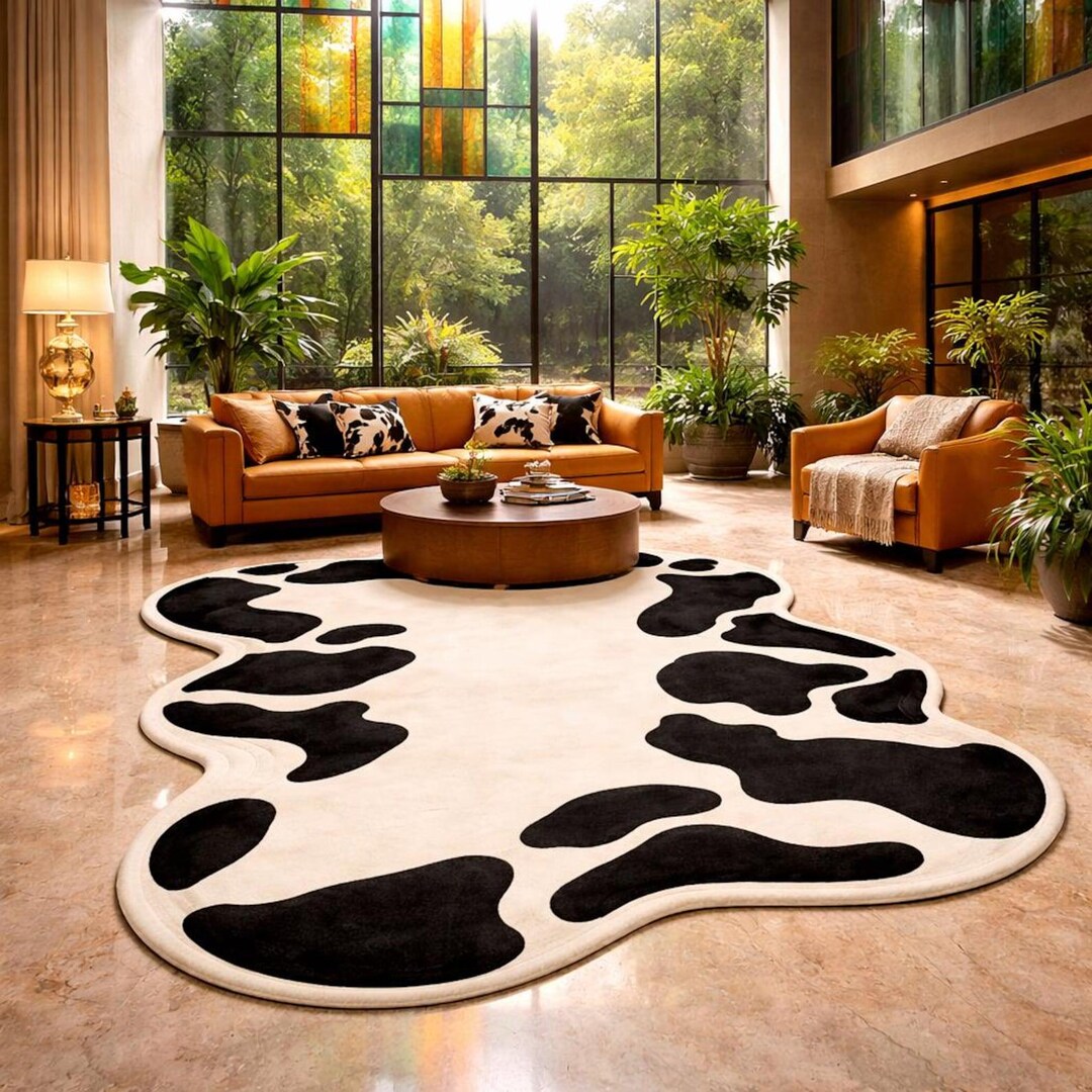 Hand Tufted Cow Print Rug, Irregular Shape Wool Carpet, Modern Western ...