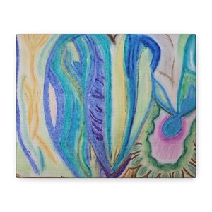 May include: Abstract art print featuring a central blue and teal shape with yellow and green accents. The artwork has a hand-drawn crayon style, with a light beige background and a touch of pink and brown.