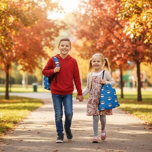 May include: Two children, a boy and a girl, walk hand-in-hand down a path lined with trees in autumn. The boy wears a red hoodie, jeans, and a blue backpack. The girl wears a floral dress, cardigan, and carries a blue drawstring bag with a sunglasses design.