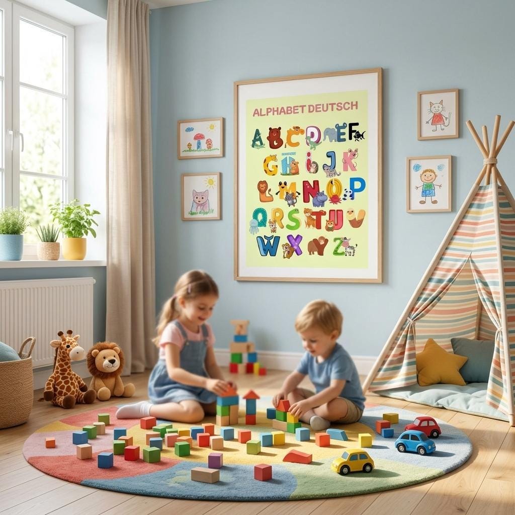 German Alphabet ABC Poster for Children. Framed Wall Print, Wooden