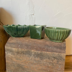 May include: Three green ceramic planters of varying shapes sit on a weathered wooden surface. The planters include a scalloped bowl, a square pot, and an oval bowl, all in a glossy, dark green glaze. The background is a textured white wall.