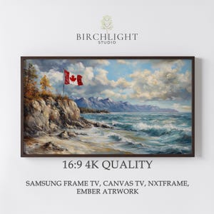 May include: A framed landscape painting depicts a coastal scene with a Canadian flag waving on a cliff. The artwork features a vibrant sky, crashing waves, and distant mountains. The painting is labeled "16:9 4K QUALITY" and is suitable for Samsung Frame TV, Canvas TV, and other display types.