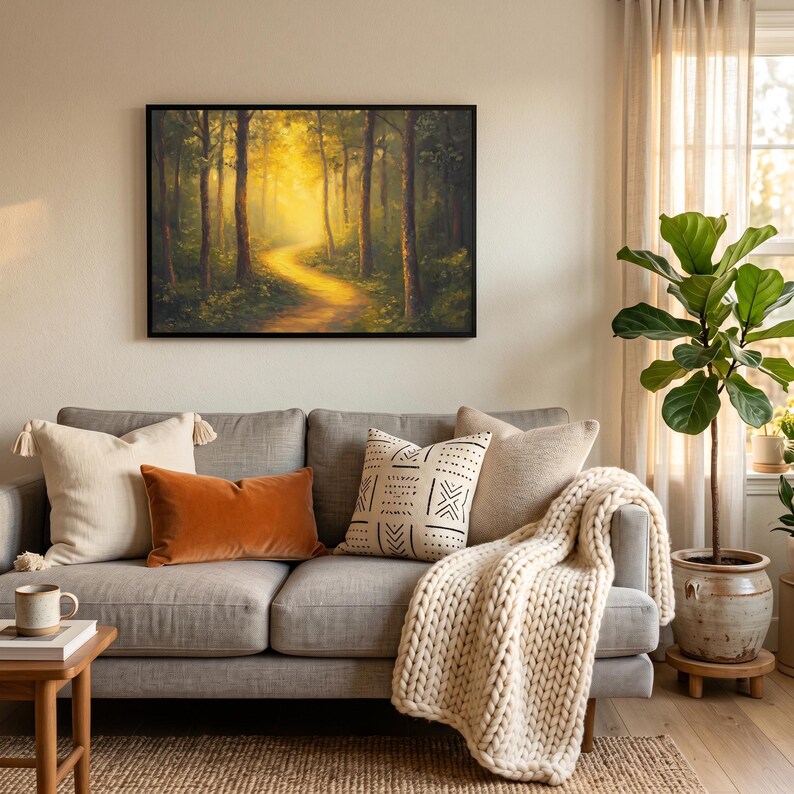 Enchanted Forest Pathway Painting, Serene Cottagecore Landscape Art ...