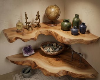 Estante de esquina con borde natural, estante de pared rústico de madera, estante flotante de madera natural para espacios pequeños, decoración de esquina rústica, madera maciza hecha a mano