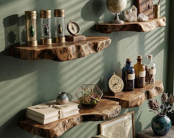 Estante flotante de madera maciza con borde natural, estante de pared de madera con borde natural, estante rústico hecho a mano para decoración de estilo rústico y moderno.