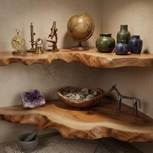 Könnte beinhalten: Zwei Holzregale mit natürlicher Kante zeigen dekorative Gegenstände. Das obere Regal enthält einen Kompass, ein Mikroskop und einen Globus. Das untere Regal zeigt einen großen Amethysten, eine Holzschale mit Münzen und eine Metallpferdskulptur.