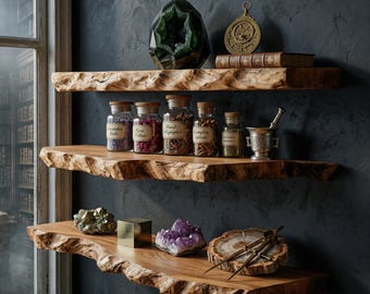 Estante flotante de madera con borde natural, estante de pared de madera maciza hecho a mano con borde de madera natural, decoración rústica y moderna para el hogar.