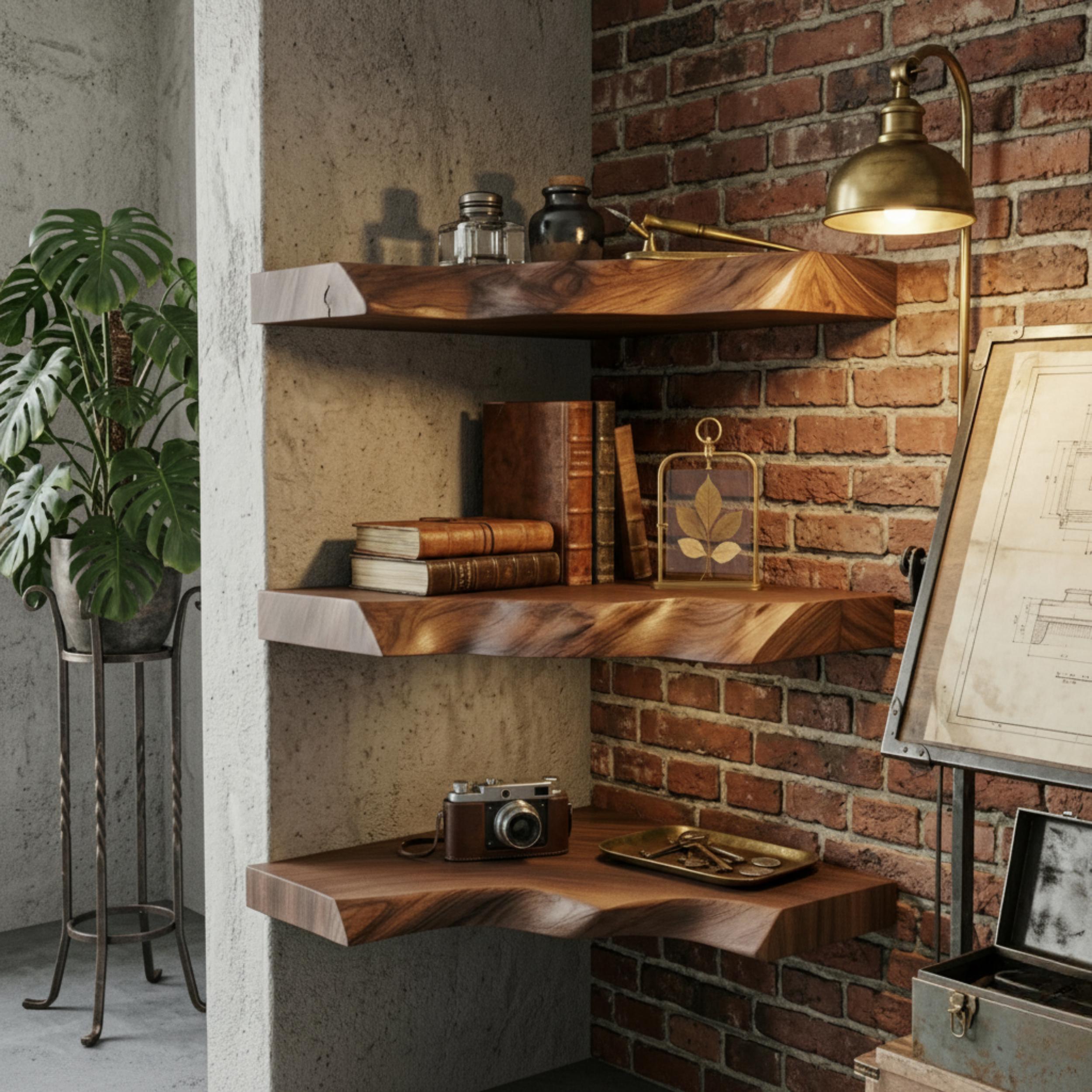 Floating Live Edge Wood Corner Shelf, Solid Natural Wooden Wall Shelf ...