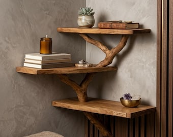 Estantería rústica de esquina con forma de árbol, estante de pared de madera, estantes flotantes con forma de rama de árbol, decoración de madera natural hecha a mano, decoración de madera natural estilo boho.