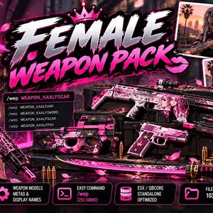 Op de afbeelding: Een digitale collectie genaamd Female Weapon Pack met diverse vuurwapens en een zwaard met roze en zwarte grafische ontwerpen. De set bevat geweren, pistolen en slagwapens met aangepaste skins, commando's en een bestandsgrootte van 103,7 MB.