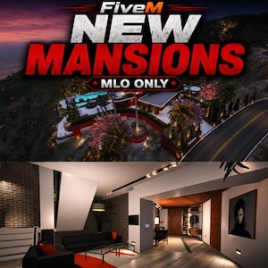 Może przedstawiać: Grafika cyfrowa z tekstem FiveM NEW MANSIONS MLO ONLY. Na górze widok z lotu ptaka na nowoczesną rezydencję z basenem o zmierzchu. Na dole wnętrze salonu z czarną sofą, ceglanymi ścianami i drewnianą podłogą.