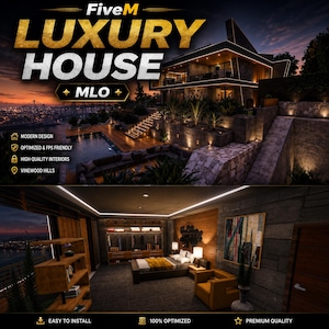 Op de afbeelding: Een digitale advertentie voor een FiveM luxe huis MLO met een modern huis met meerdere verdiepingen en een zwembad bij zonsondergang en een slaapkamerinterieur met houten muren, een bed, inloopkast en stoel. Tekst FiveM, LUXURY HOUSE, MLO.