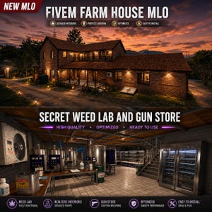 May include: A digital asset pack featuring a two-story brick farmhouse exterior at sunset and a basement interior containing a weed lab with metal tanks and a gun store with a glass display case, labeled FiveM Farm House MLO and Secret Weed Lab.