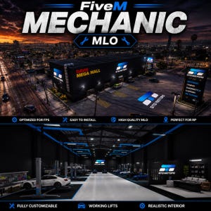 May include: A digital FiveM mechanic MLO featuring an exterior view of a black Davis Mega Mall building with Sto Motors branding and an interior view of a spacious garage with white floors, black walls, car lifts, and a reception area.