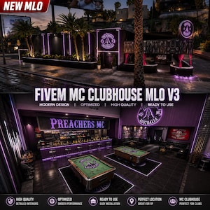 May include: A digital FiveM MC clubhouse MLO V3 featuring an exterior with purple neon lighting and a Preachers Australia logo, and an interior with a bar, two pool tables with custom logos, dark flooring, and purple accent lighting throughout.