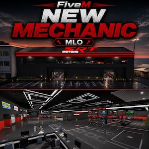 Może przedstawiać: Cyfrowa wizualizacja warsztatu mechanika MLO FiveM dla SRT Motors. Zewnętrze przedstawia czarny budynek z czerwonymi akcentami o zmierzchu. Wnętrze obejmuje przestronny garaż z polerowaną podłogą, oświetleniem sufitowym i stanowiskami pracy.