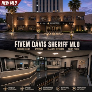 May include: A digital FiveM Davis Sheriff Station MLO featuring a brick exterior building with illuminated signage and a modern interior lobby with a front desk, waiting area chairs, and a sheriff badge emblem on the wall, presented as a game asset.
