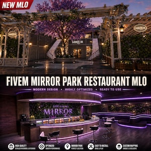 Op de afbeelding: Een digitale architecturale visualisatie van een restaurant exterieur en interieur. Het exterieur toont een pergola, trappen en een boom. Het interieur toont een gebogen bar met paarse LED-verlichting en de tekst "RESTAURANT MIRROR".