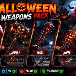 Op de afbeelding: Een digitale afbeelding voor een Halloween-wapenpakket met vier slagwapens: een zeis, een hamer, een strijdknots en een mes, allemaal met gloeiende oranje pompoen- en schedelmotieven. De tekst bevat "HALLOWEEN WEAPONS PACK" en diverse commando-codes.