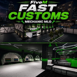 Op de afbeelding: Een digitale weergave van het interieur en exterieur van een garage met een zwart en neon-groen kleurenschema. De tekst luidt FiveM FAST CUSTOMS MECHANIC MLO. Het interieur toont meerdere servicebaaien, witte vloeren en zeshoekige verlichting.