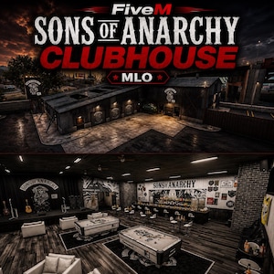 Op de afbeelding: Een digitaal FiveM MLO clubhuis interieur en exterieur met het Sons of Anarchy logo. De buitenkant toont een donker industrieel gebouw, terwijl het interieur biljarttafels, een bar, een podium met gitaren en merkgebonden wanddecoratie bevat.